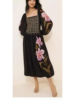 Farm Rio x Anthropologie Floral Long-Sleeve Midi Dress in Black, Size XS